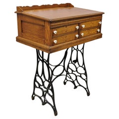 Antiquity J&P Coats Oak Wood 4 Drawer Sewing Spool Cabinet Desk w/ Cast Iron Base