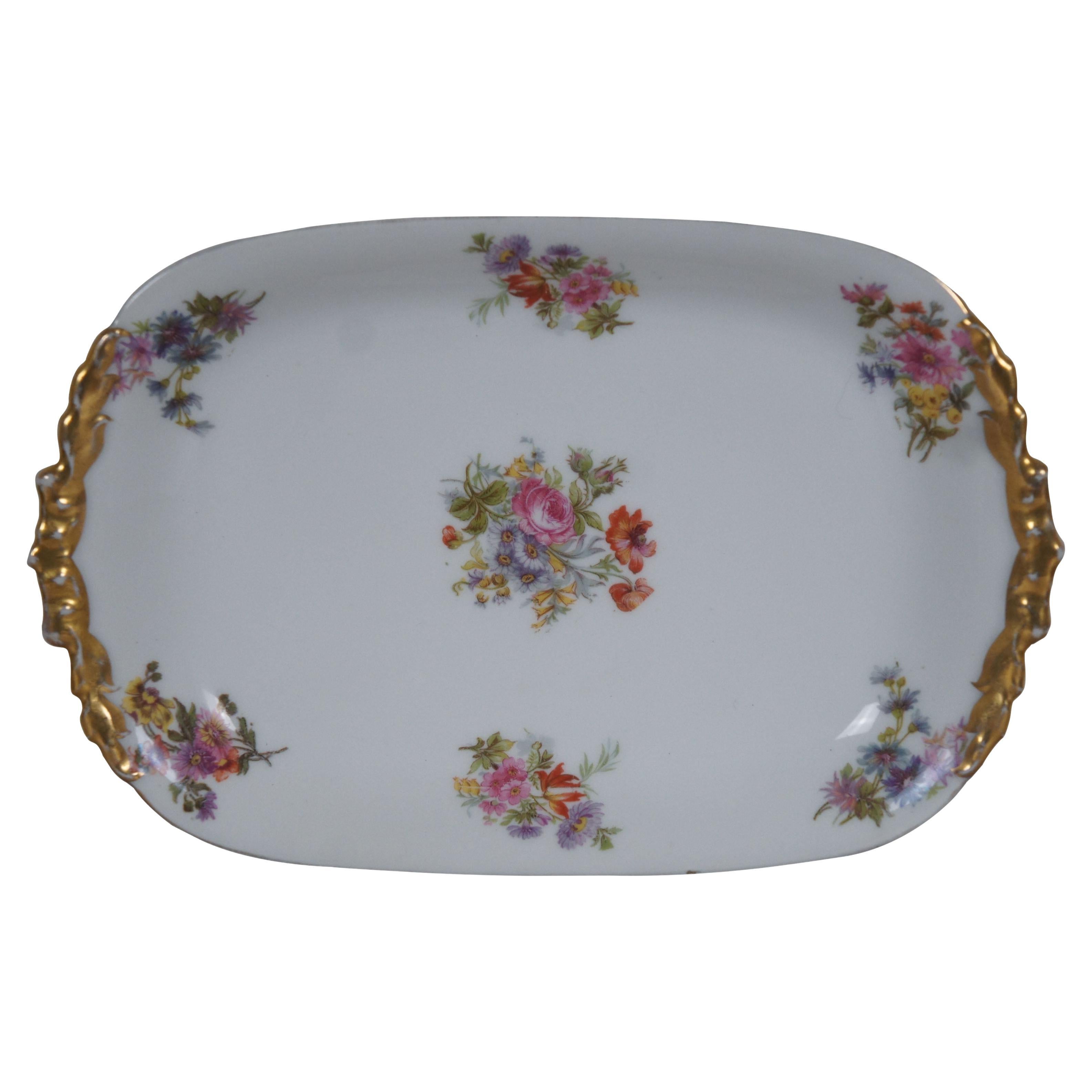 Antique JP Jean Pouyat Limoges France Porcelain Floral Dish Vanity Tray 12"
