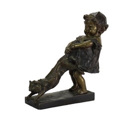Antike Juan Clara 1st Edition Bronze Figur "Kleinkind mit Katze" signiert c1900