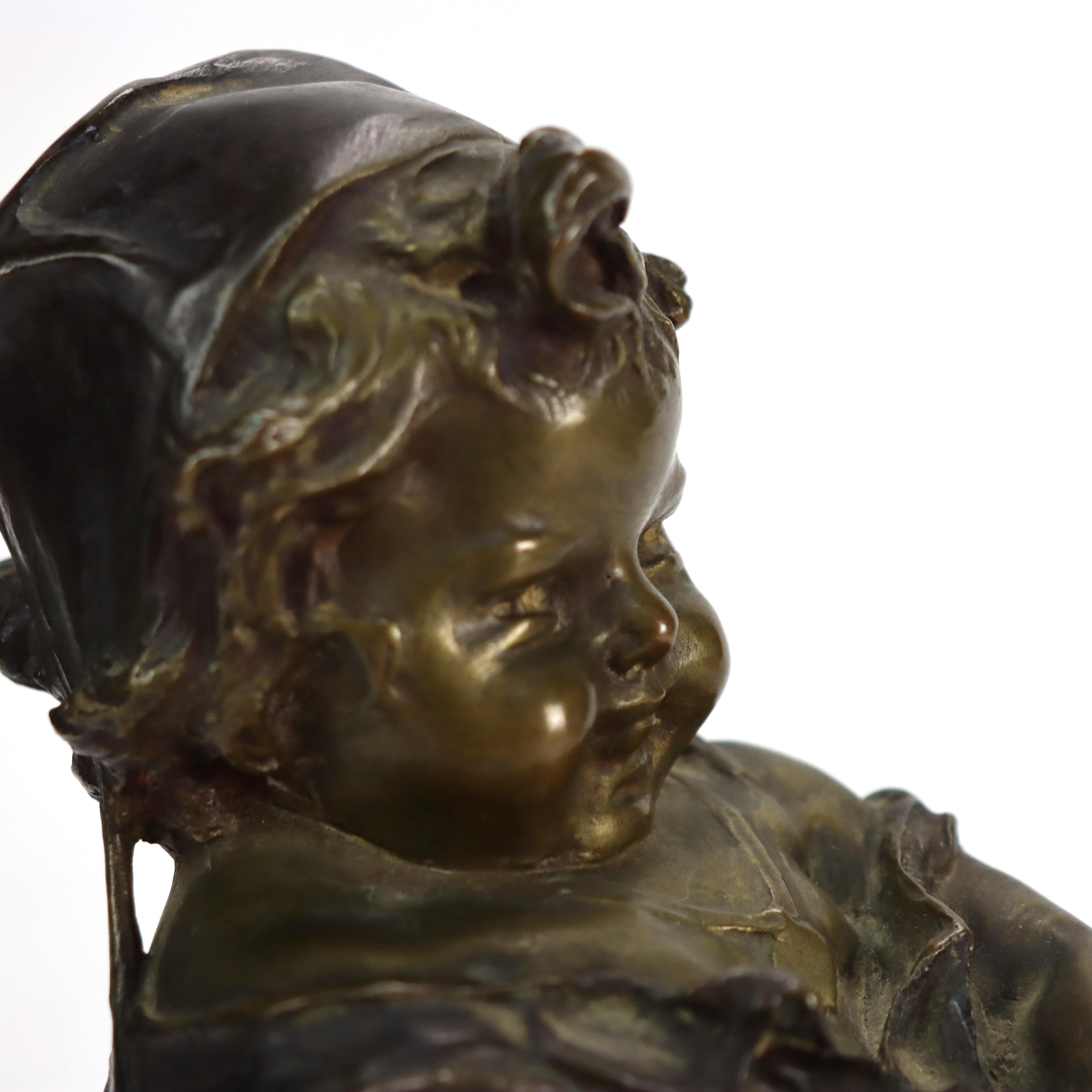 Antique Juan Clara 1st Edition Bronze Figure “Toddler With Cat” Signed c1900 in vendita 2