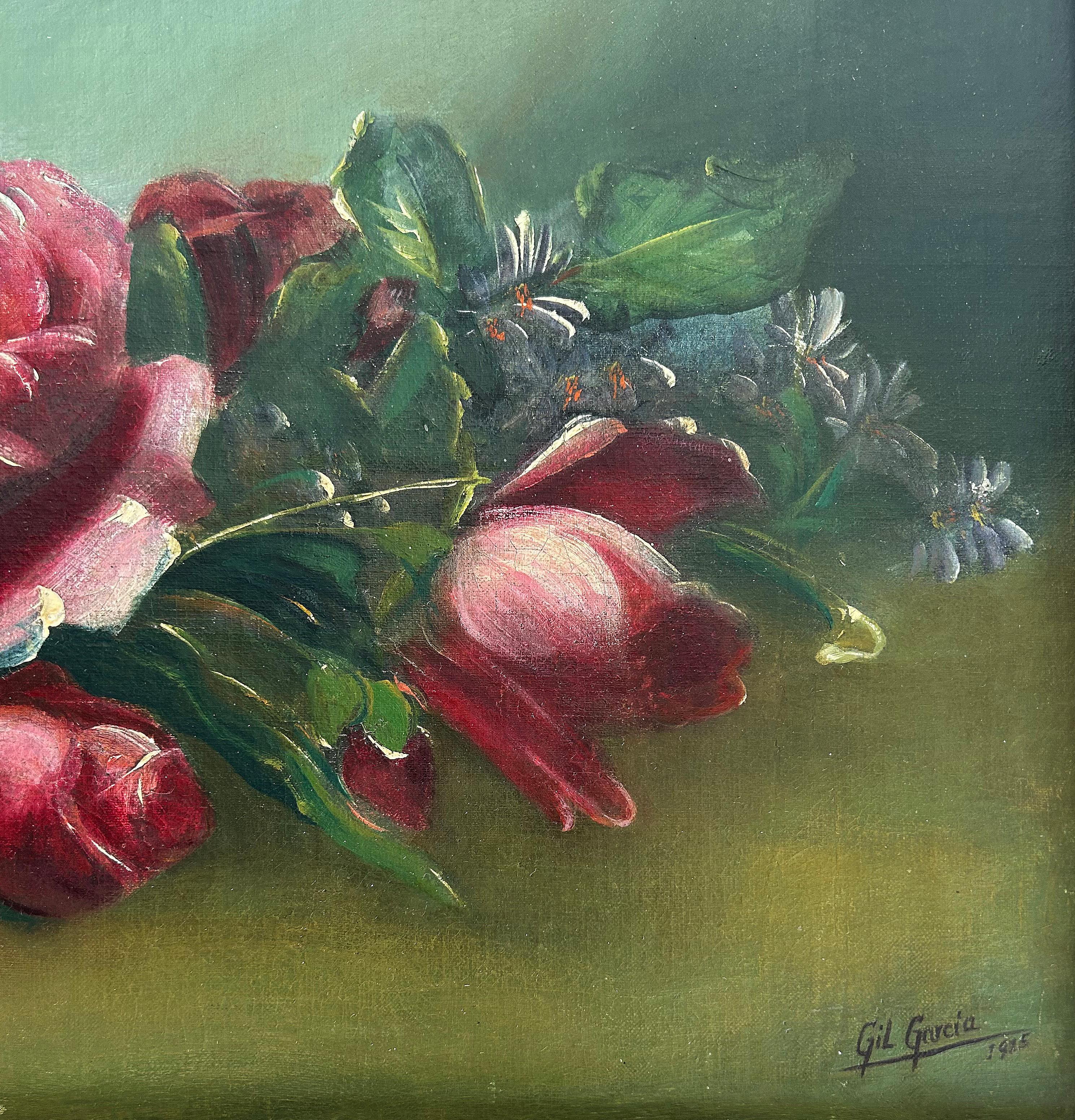 Argenté Ancienne nature morte florale de Juan Gil Garcia, peinture à l'huile sur toile, cadre argenté en vente