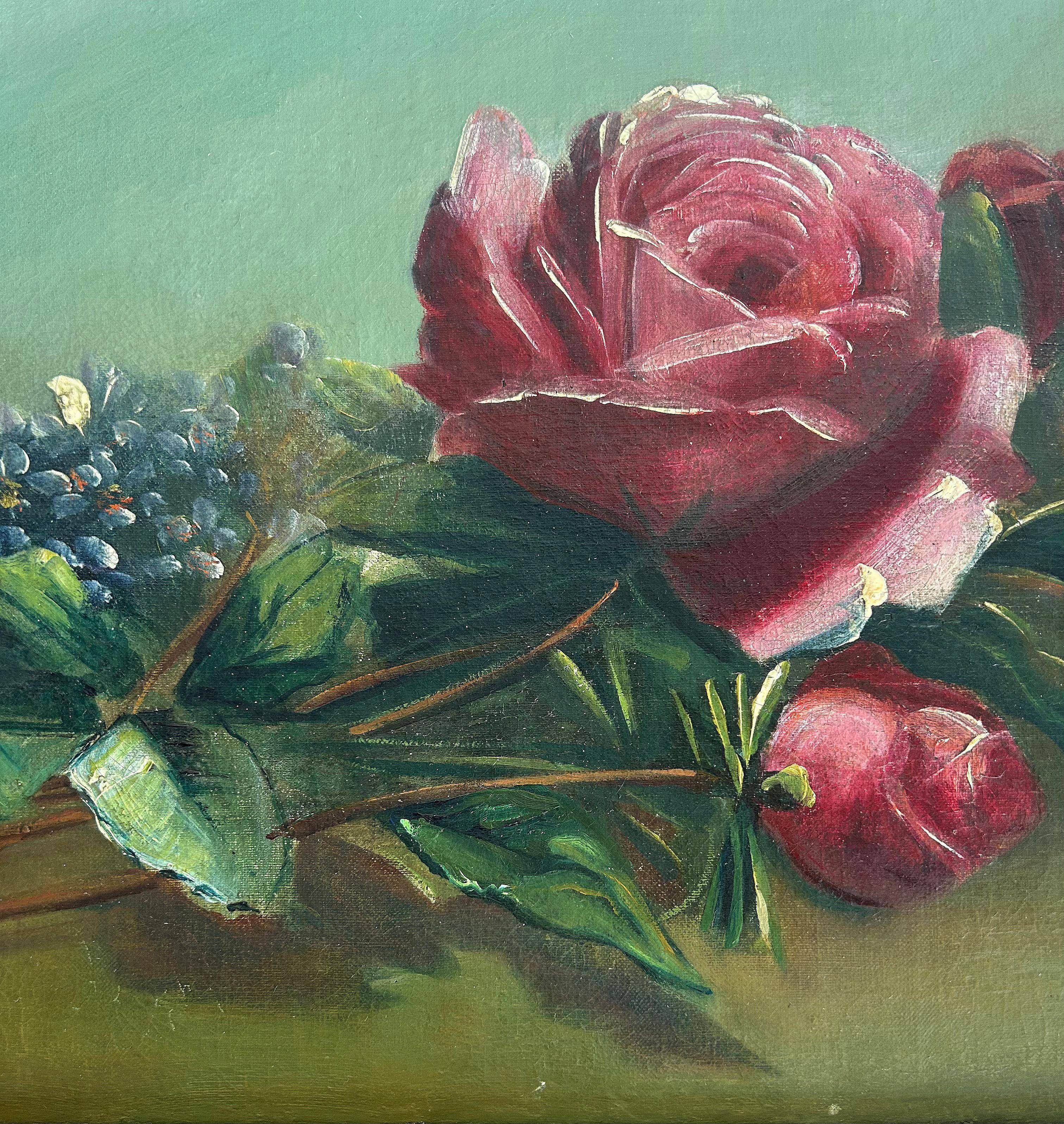 Ancienne nature morte florale de Juan Gil Garcia, peinture à l'huile sur toile, cadre argenté Bon état - En vente à Miami, FL