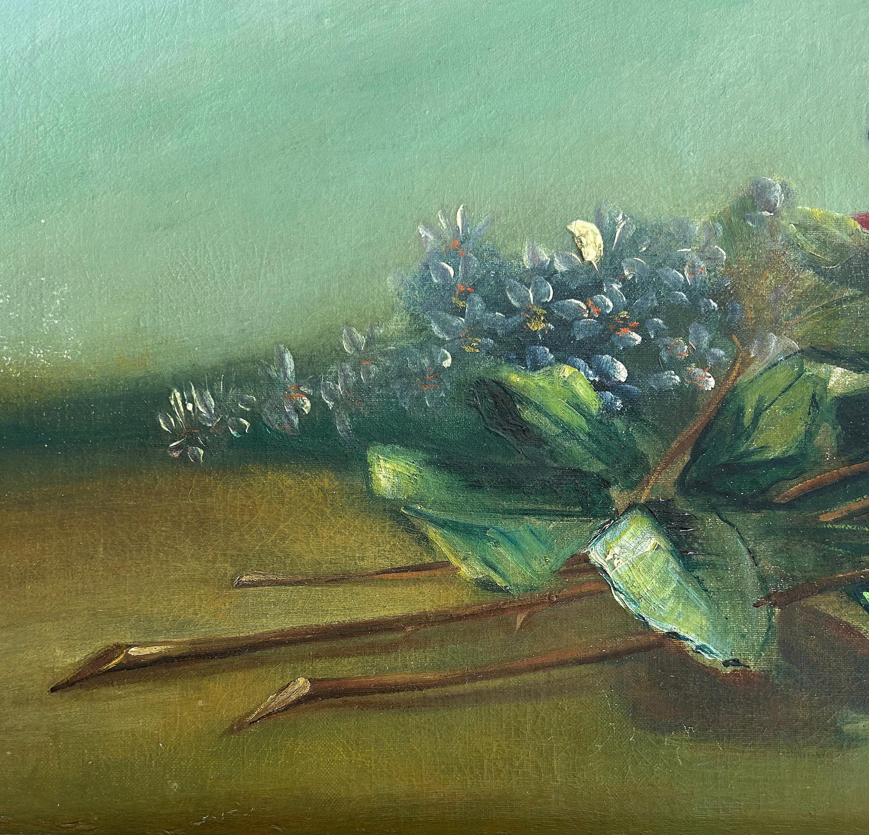 20ième siècle Ancienne nature morte florale de Juan Gil Garcia, peinture à l'huile sur toile, cadre argenté en vente