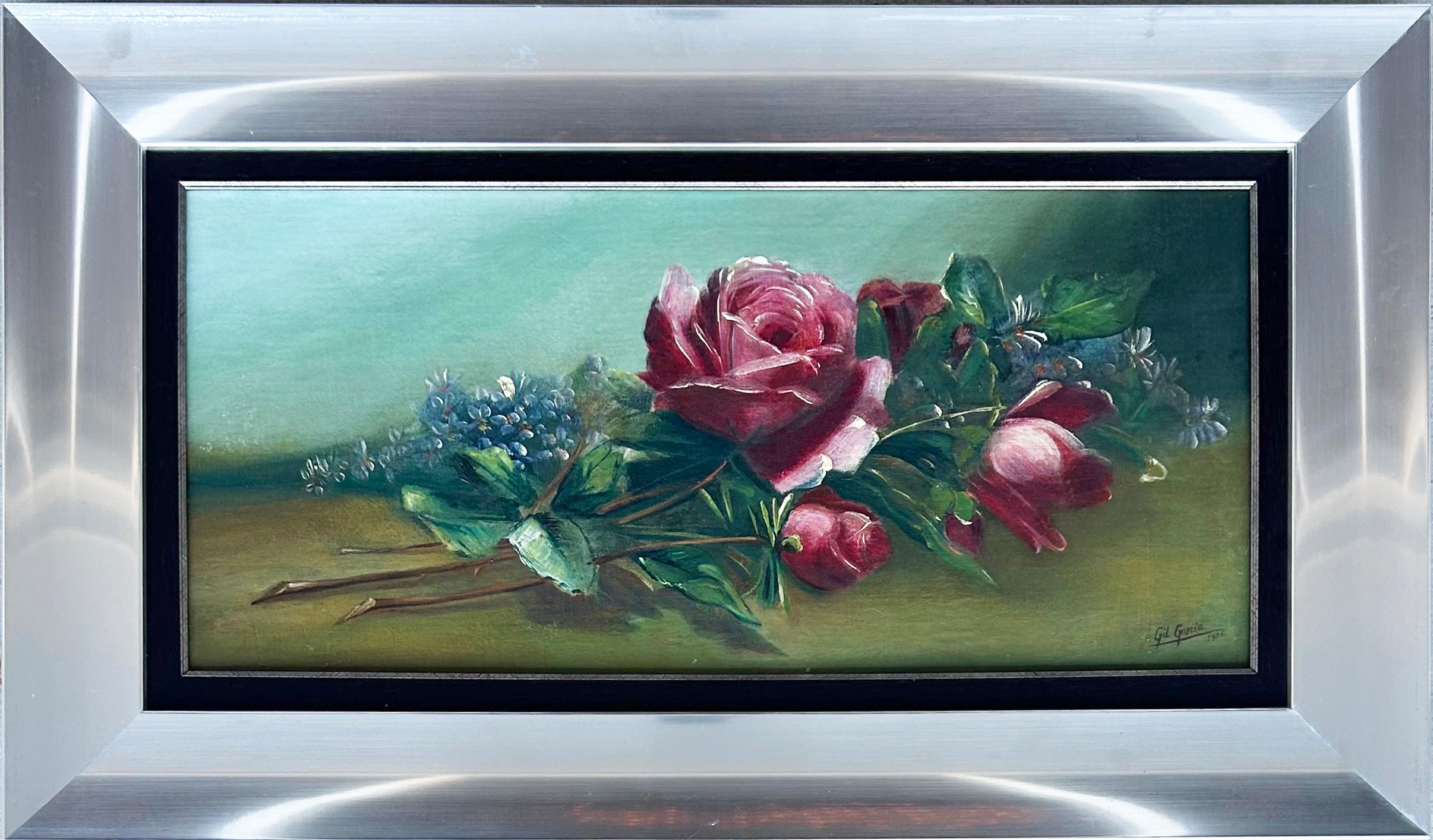 Ancienne nature morte florale de Juan Gil Garcia, peinture à l'huile sur toile, cadre argenté en vente 1