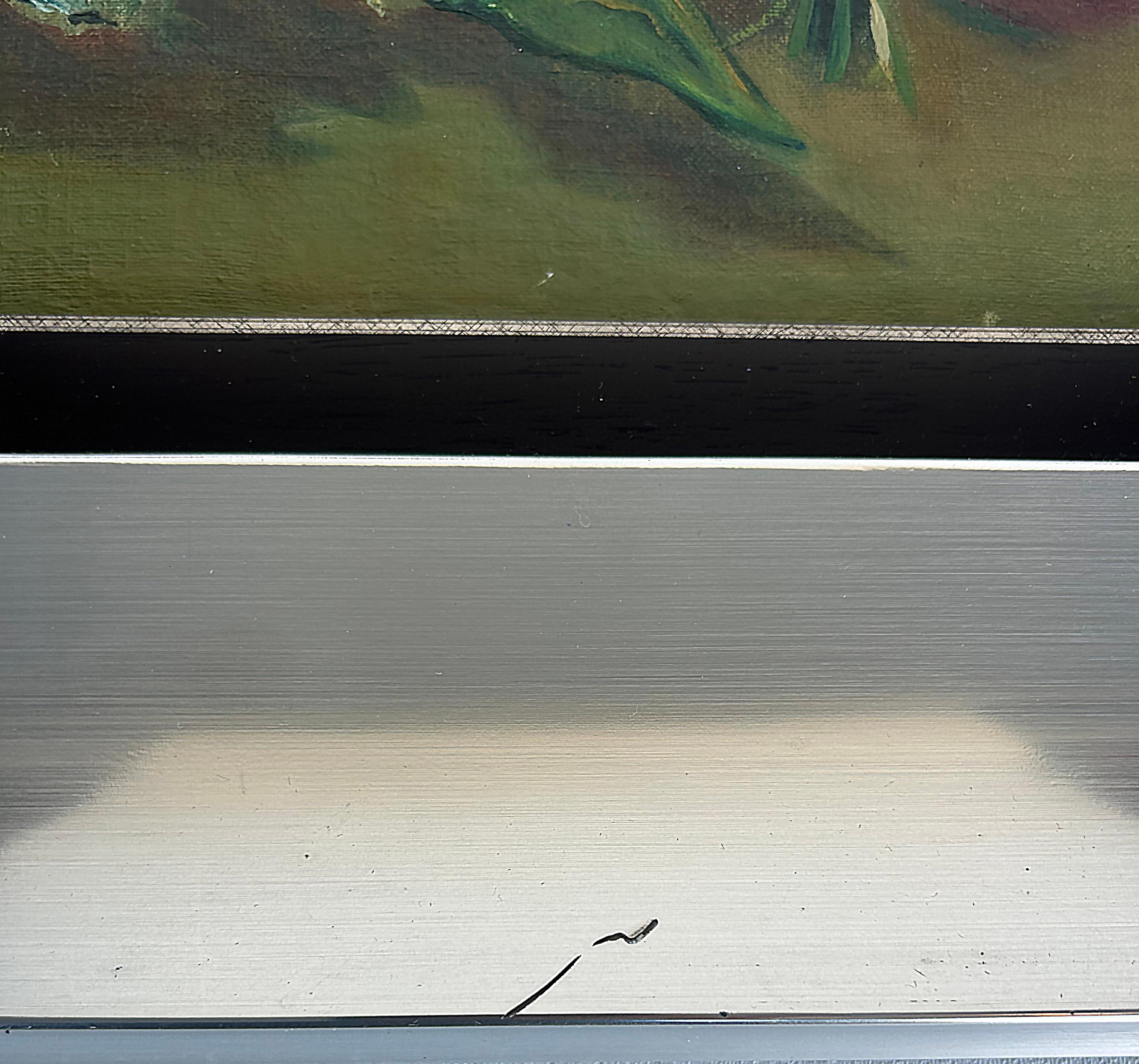 Ancienne nature morte florale de Juan Gil Garcia, peinture à l'huile sur toile, cadre argenté en vente 2