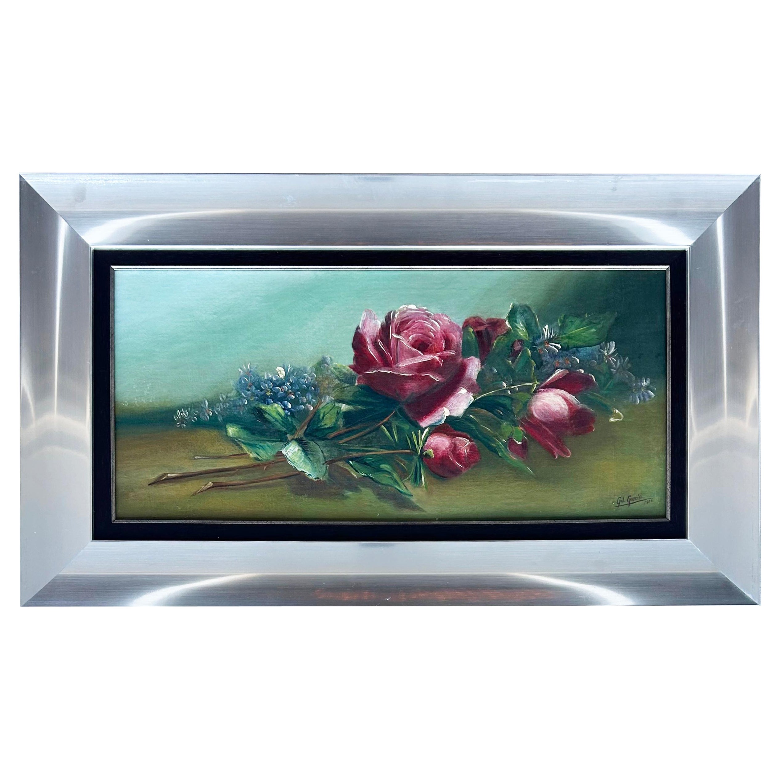 Antique Juan Gil Garcia Floral Still Life Oil Painting on Canvas, Silvered Frame