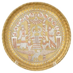 Antique Judaica brass tray inlaid with silver and copper