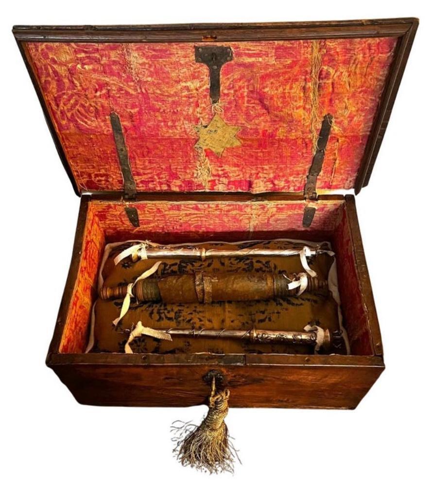 This is an absolutely incredible rare and truly unique pre-expulsion Iberian Peninsula handwritten Esther Scroll, inked onto animal leather parchment (15th century, -laboratory tested with provenance) and comes together with two 18th century silver
