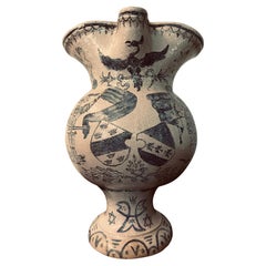 Antique Judaica Wine/ Water Ceramic Large Jug with Allegorical Images
