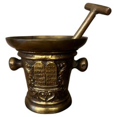 Antique Judaica Spice/Herb Brass Mortar and Pestle with 10 Commandments