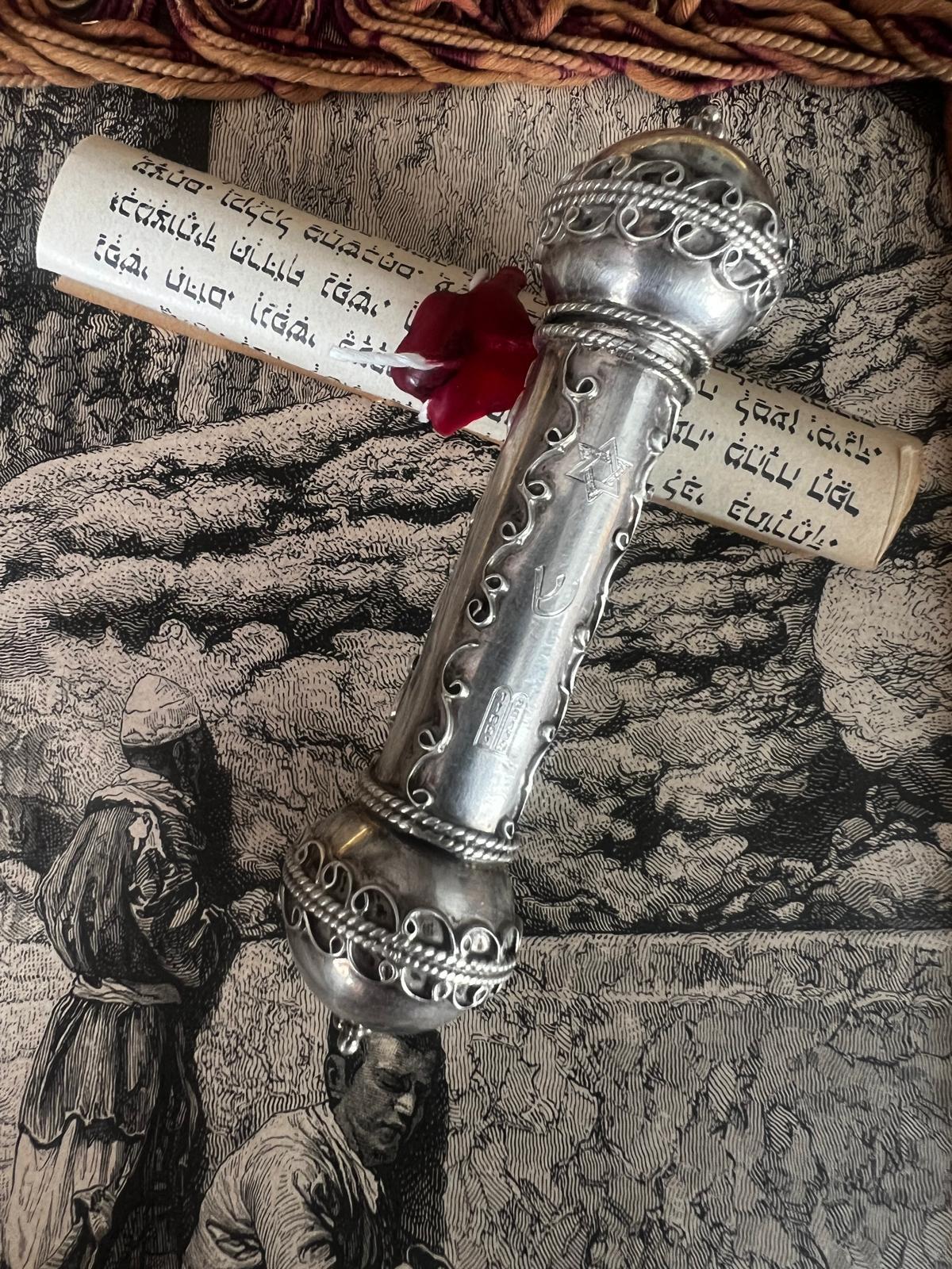 Baroque Antique Judaica Sterling Silver Mezuzah with a Scroll in Original Box ca 1890 For Sale