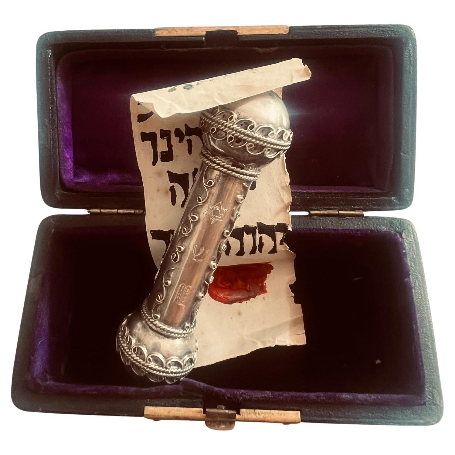 Antique Judaical Sterling Silver Mezuzah with a Scroll in Original Box ca 1890