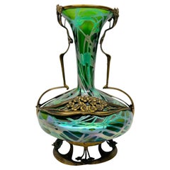 Antique Jugendstil Austrian Art Glass Art Nouveau Bronze Mounted Vase