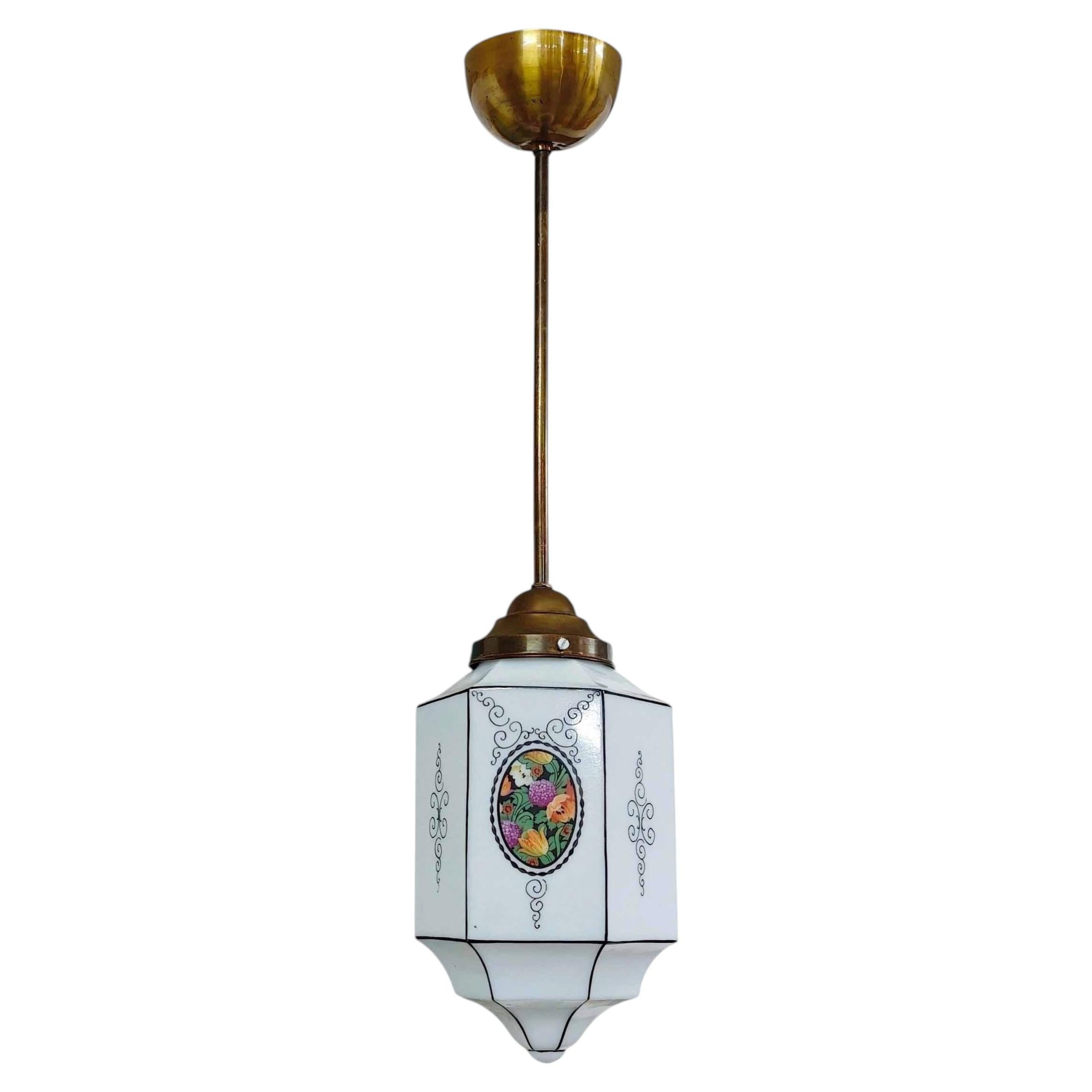 Antique Jugendstil Ceiling Lamp, Hand-Painted Opaline Glass, 1920s For Sale