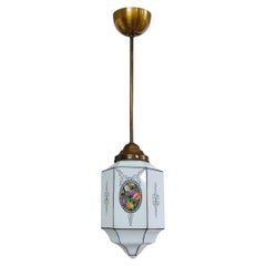 Antique Jugendstil Ceiling Lamp, Hand-Painted Opaline Glass, 1920s