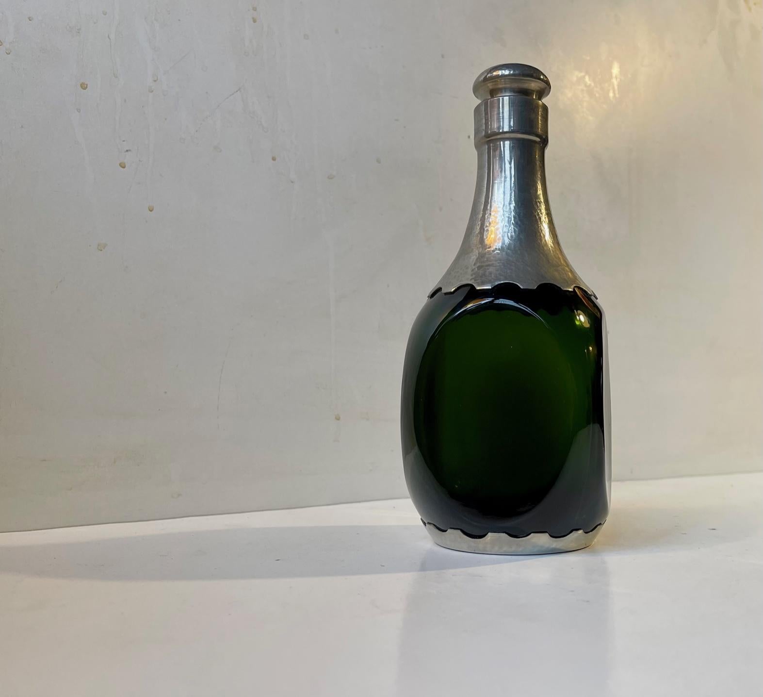 Blown Glass Antique Jugendstil Decanter in Green Glass and Pewter, 1910s For Sale