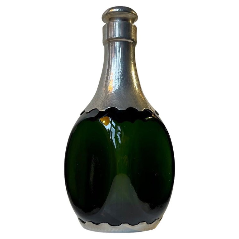 Antique Jugendstil Decanter in Green Glass and Pewter, 1910s For Sale
