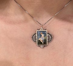 Antique Jugendstil Painted Miniature Diamond Pearl Pendant Brooch