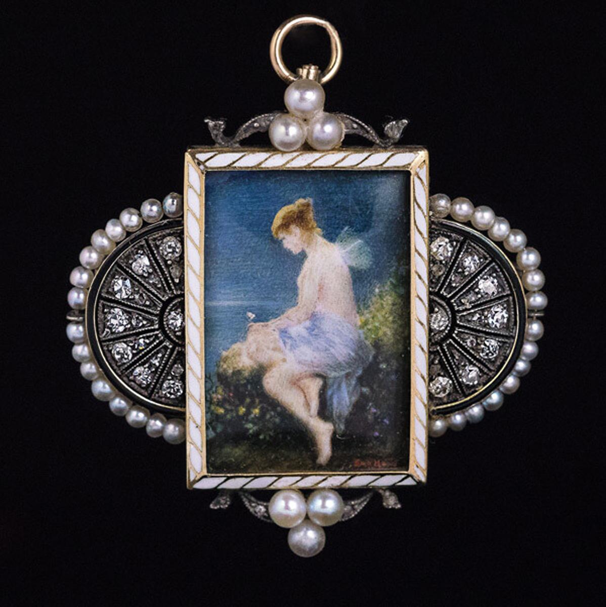 Art Nouveau Antique Jugendstil Painted Miniature Diamond Pearl Pendant Brooch
