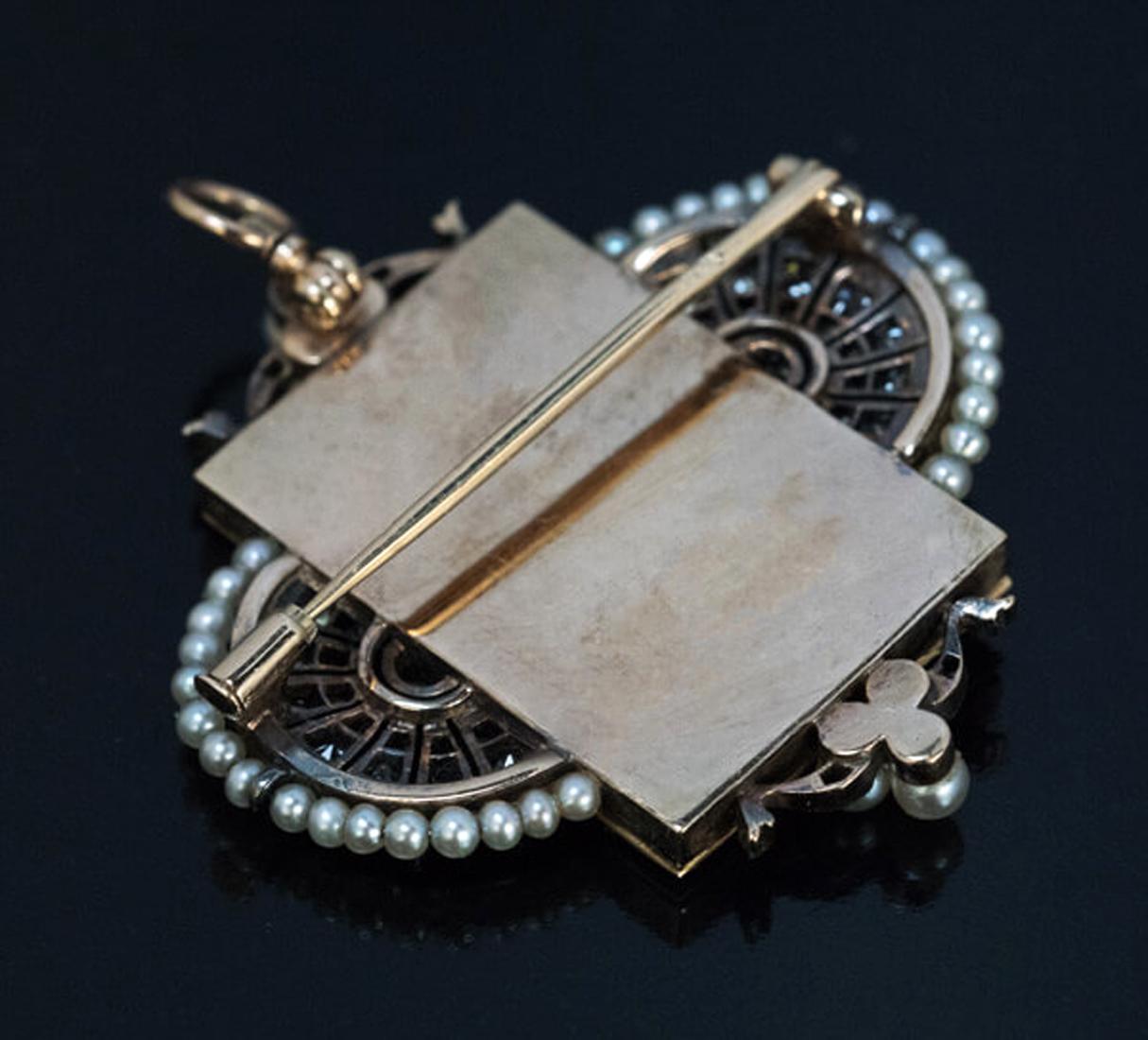 Old Mine Cut Antique Jugendstil Painted Miniature Diamond Pearl Pendant Brooch