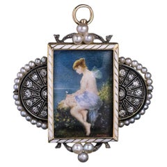 Antique Jugendstil Painted Miniature Diamond Pearl Pendant Brooch
