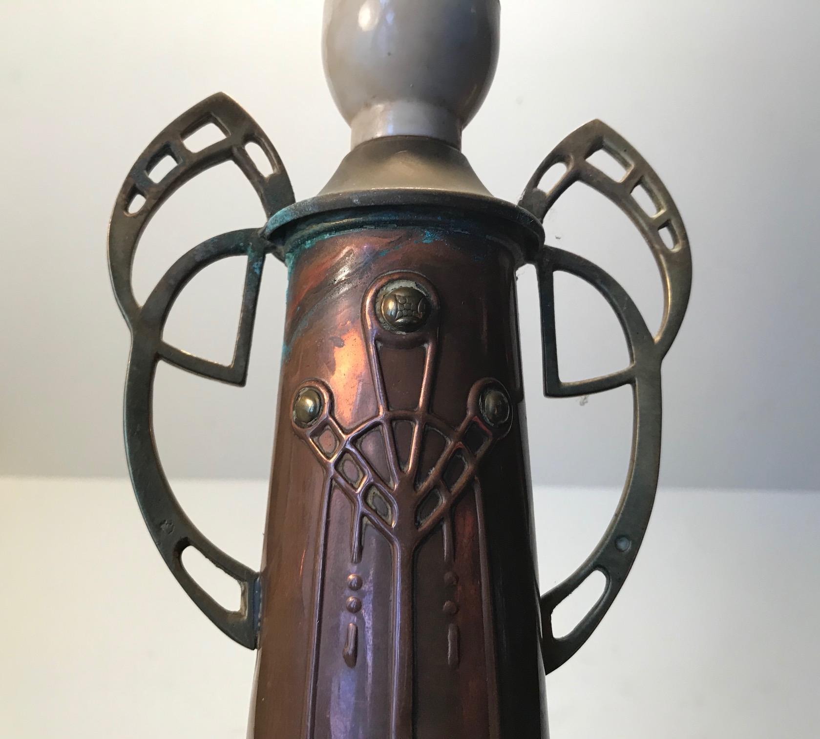 Antique Jugendstil Table Lamp in Copper and Brass, Signed, 1910s 2