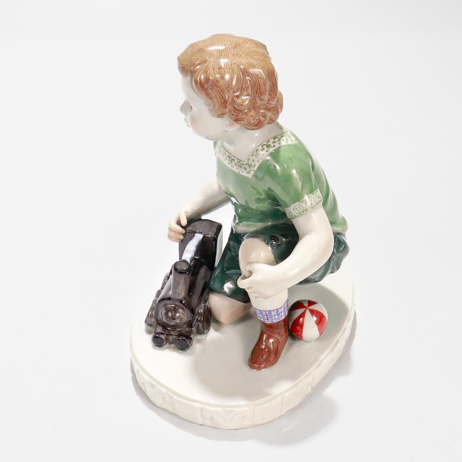 Antique Jugenstil Meissen Porcelain Boy & Toy Train Figurine by Eric Oehme A232 2