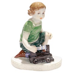 Antique Jugenstil Meissen Porcelain Boy & Toy Train Figurine by Eric Oehme A232