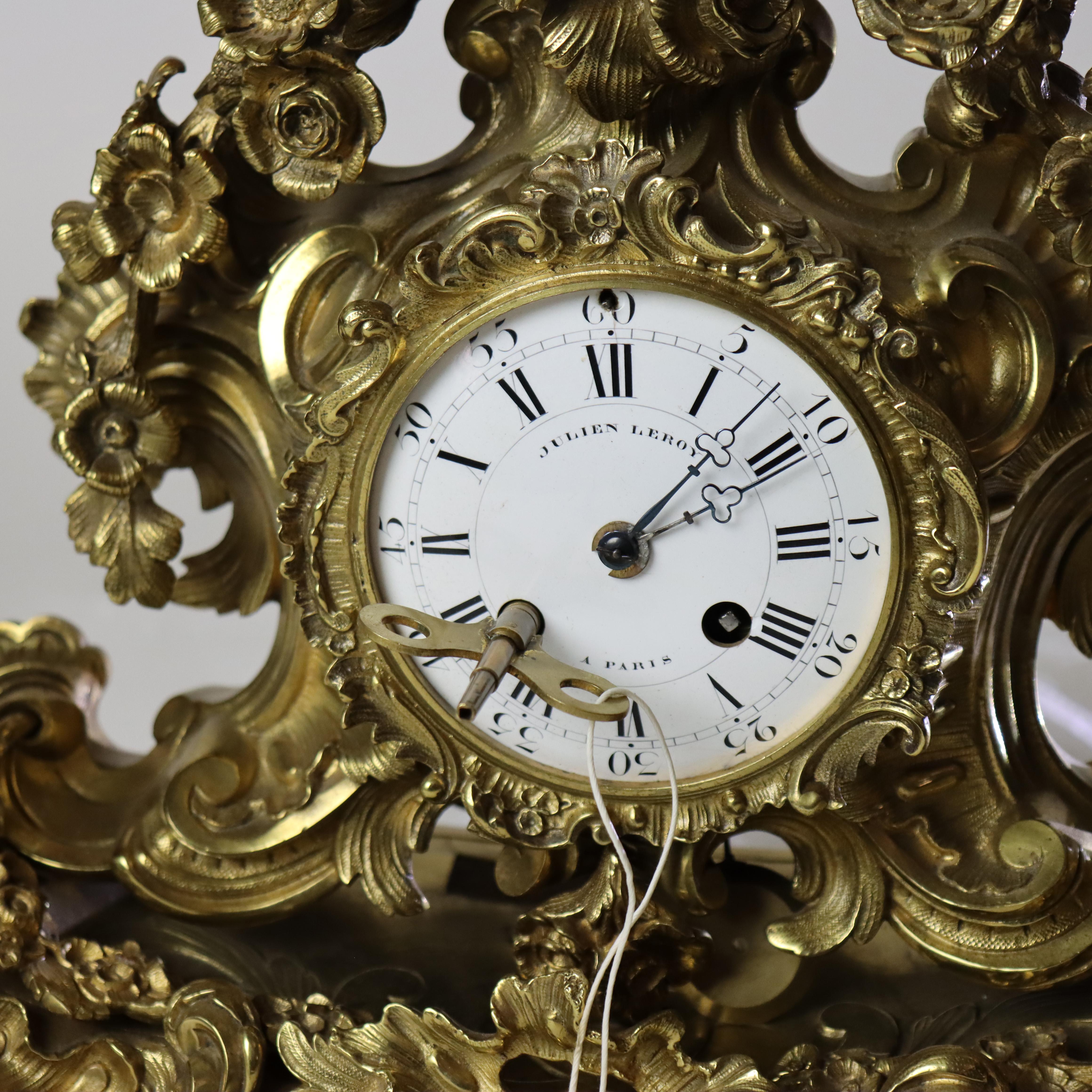 Antique Julien Leroy French Louis XIV Rococo Gilt Bronze Mantle Clock c1820 In Good Condition For Sale In Big Flats, NY