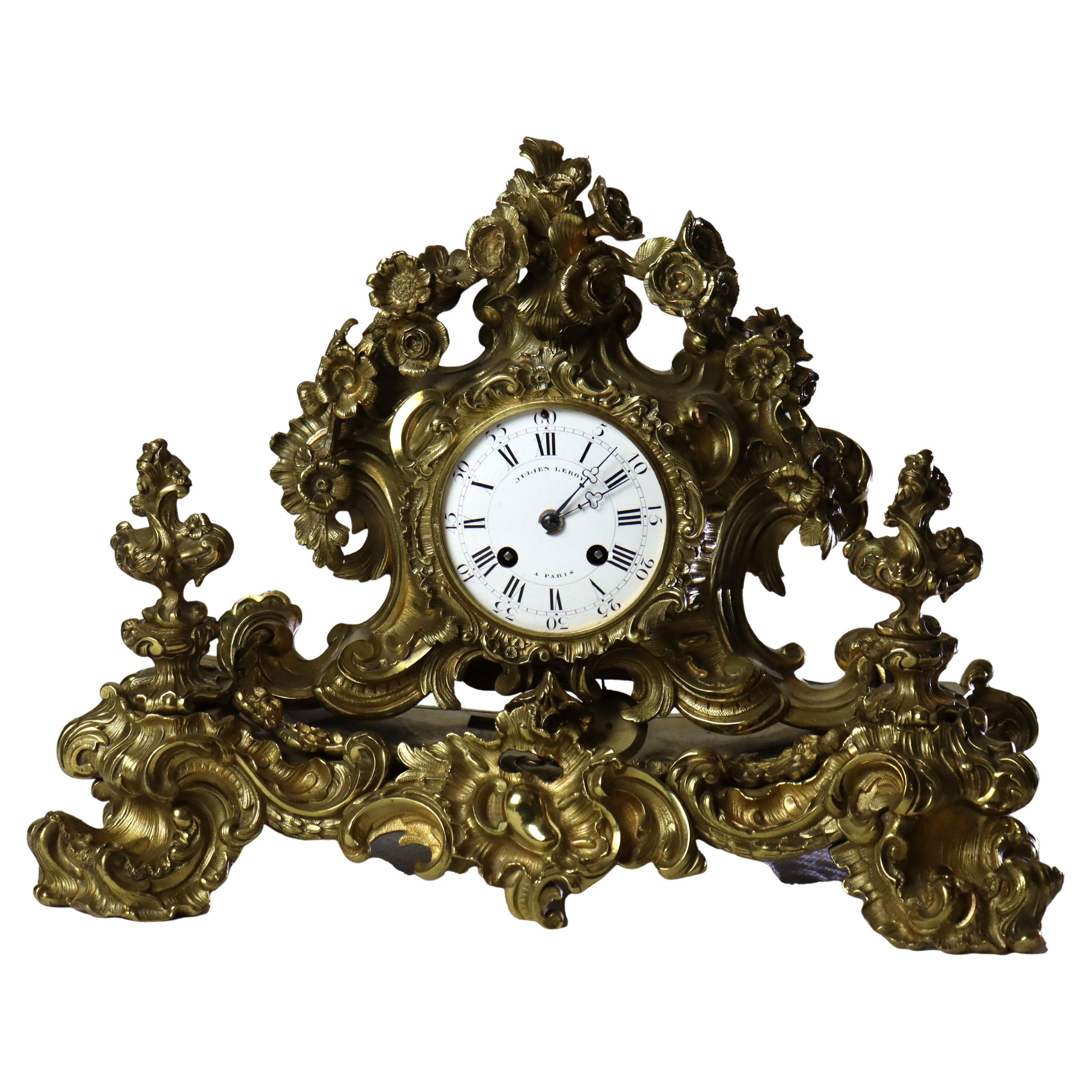 Antique Julien Leroy French Louis XIV Rococo Gilt Bronze Mantle Clock c1820 For Sale