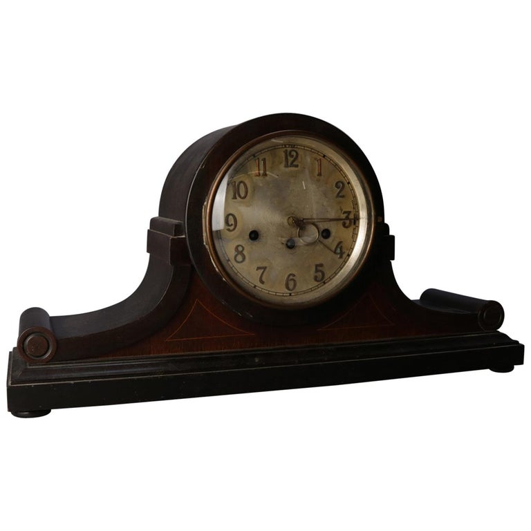 Antique Junghans Westminster Inlaid Mahogany Tambour Mantel Chime Clock