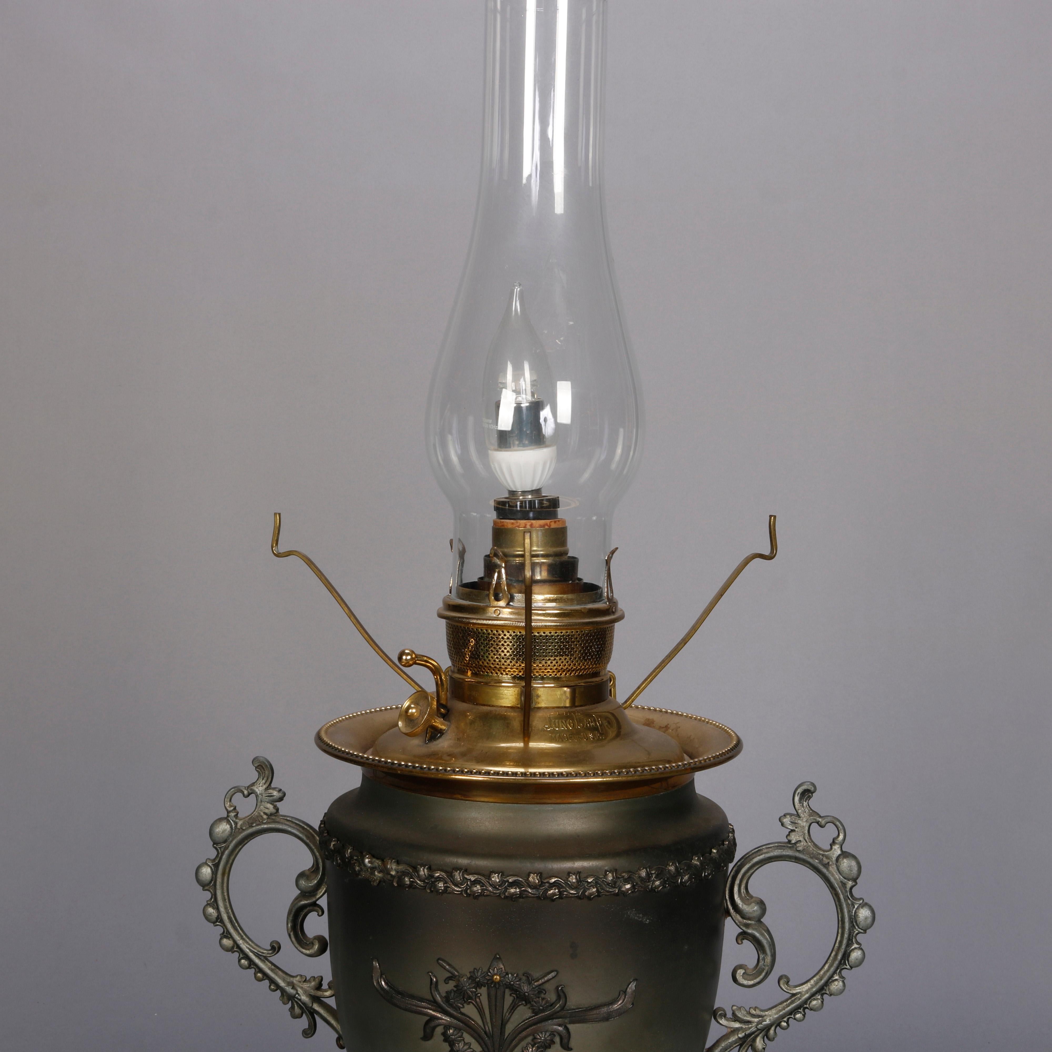 American Antique Juno Rayo Style Table Lamp with Painted Glass Shade, c1890