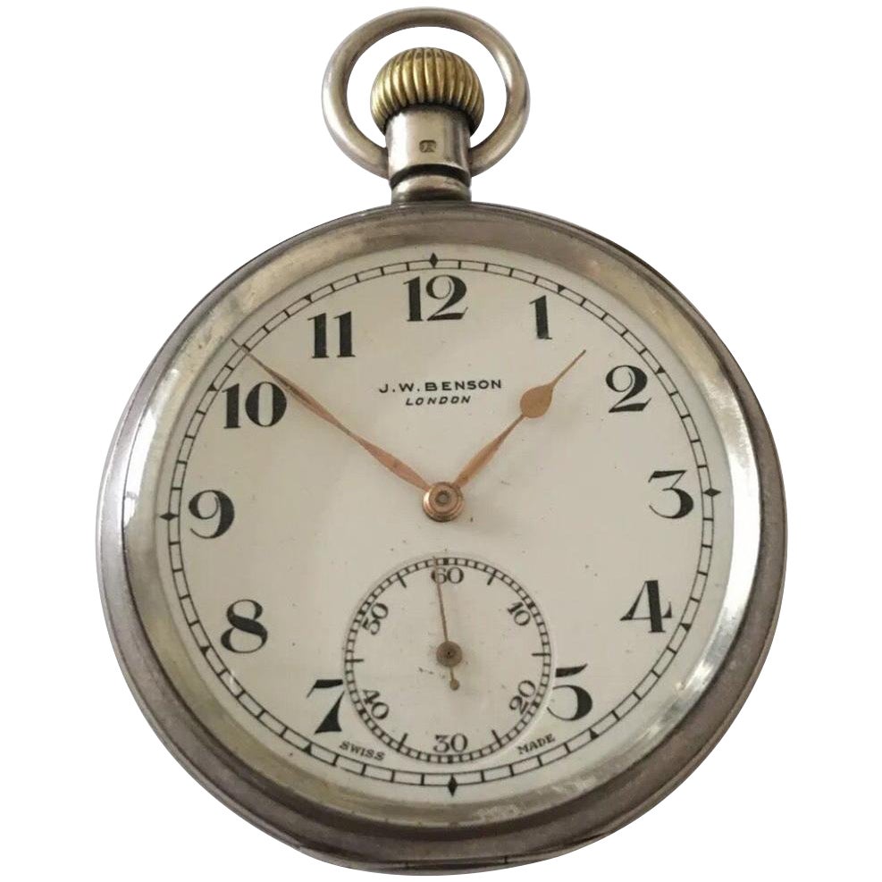 Antique J.W. Benson London Keyless Silver Pocket Watch For Sale