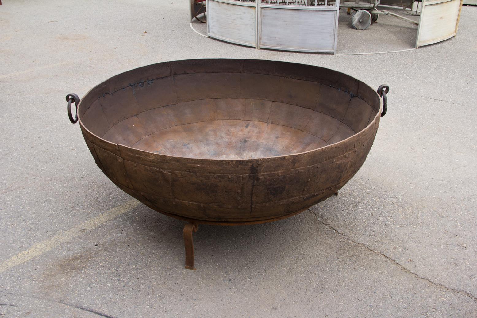 Antique substantial hand riveted kadai (fire bowl), with grill, stand and tools. Grill can be used to grill meats over open fire!
 
