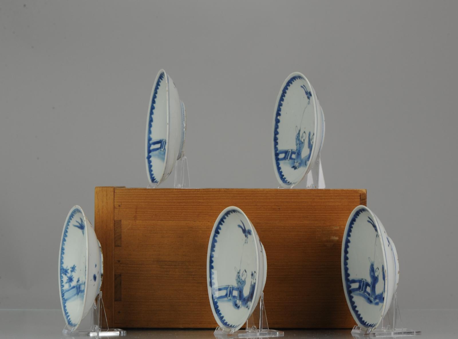 Ming Antique Kaiseki Set of 5 Chinese Porcelain 17th C Kosometsuke Boy and Bird di