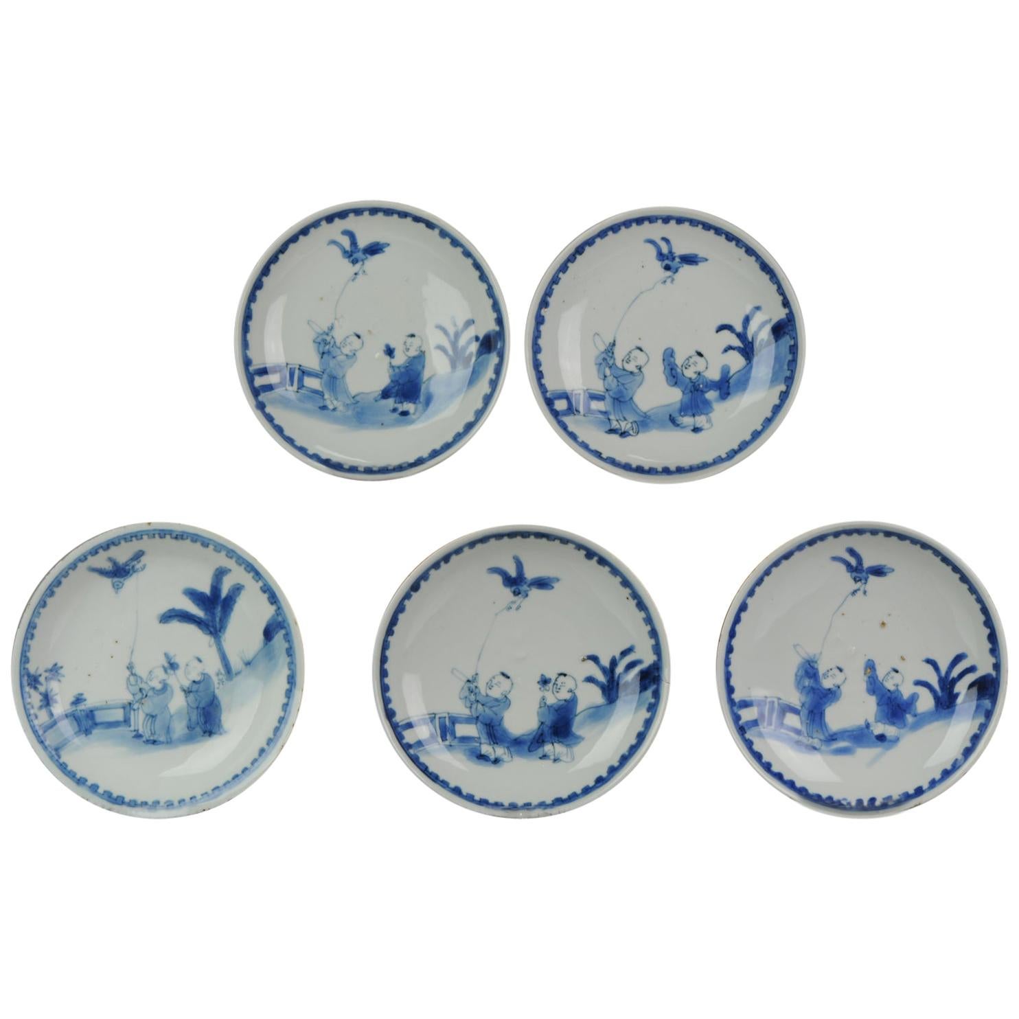 Antique Kaiseki Set of 5 Chinese Porcelain 17th C Kosometsuke Boy and Bird di For Sale