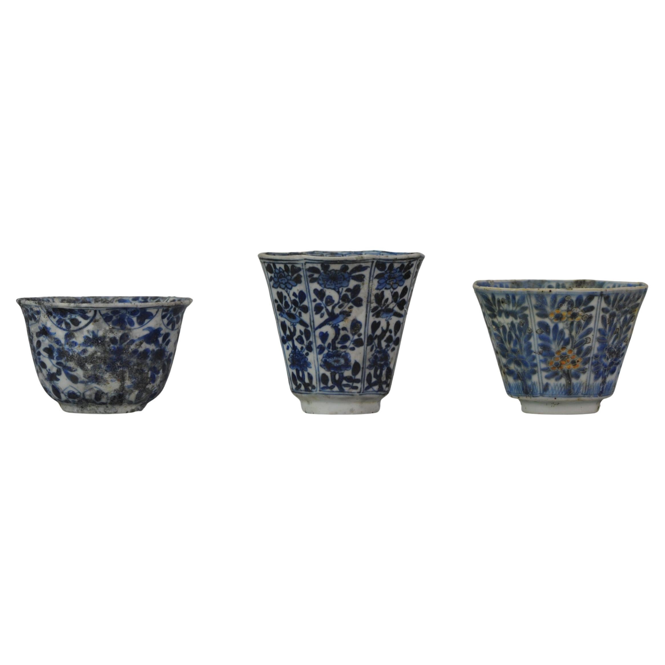 Antique Kangxi and Edo Period Blue and White Floral Tea Bowl Fire of Rotterdam
