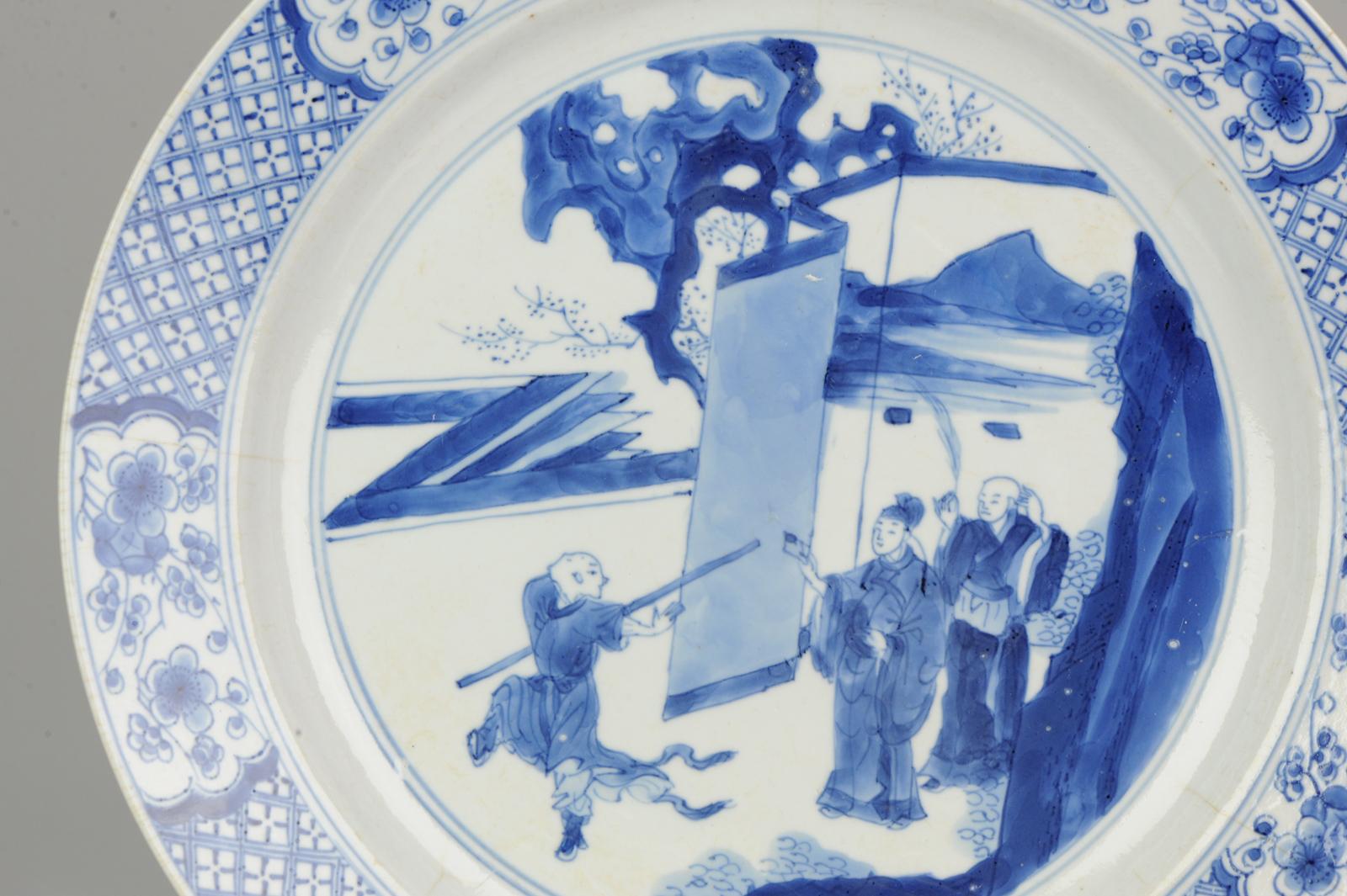 Antique Kangxi Chinese Porcelain Literati Blue and White Figural Plate Marked 3