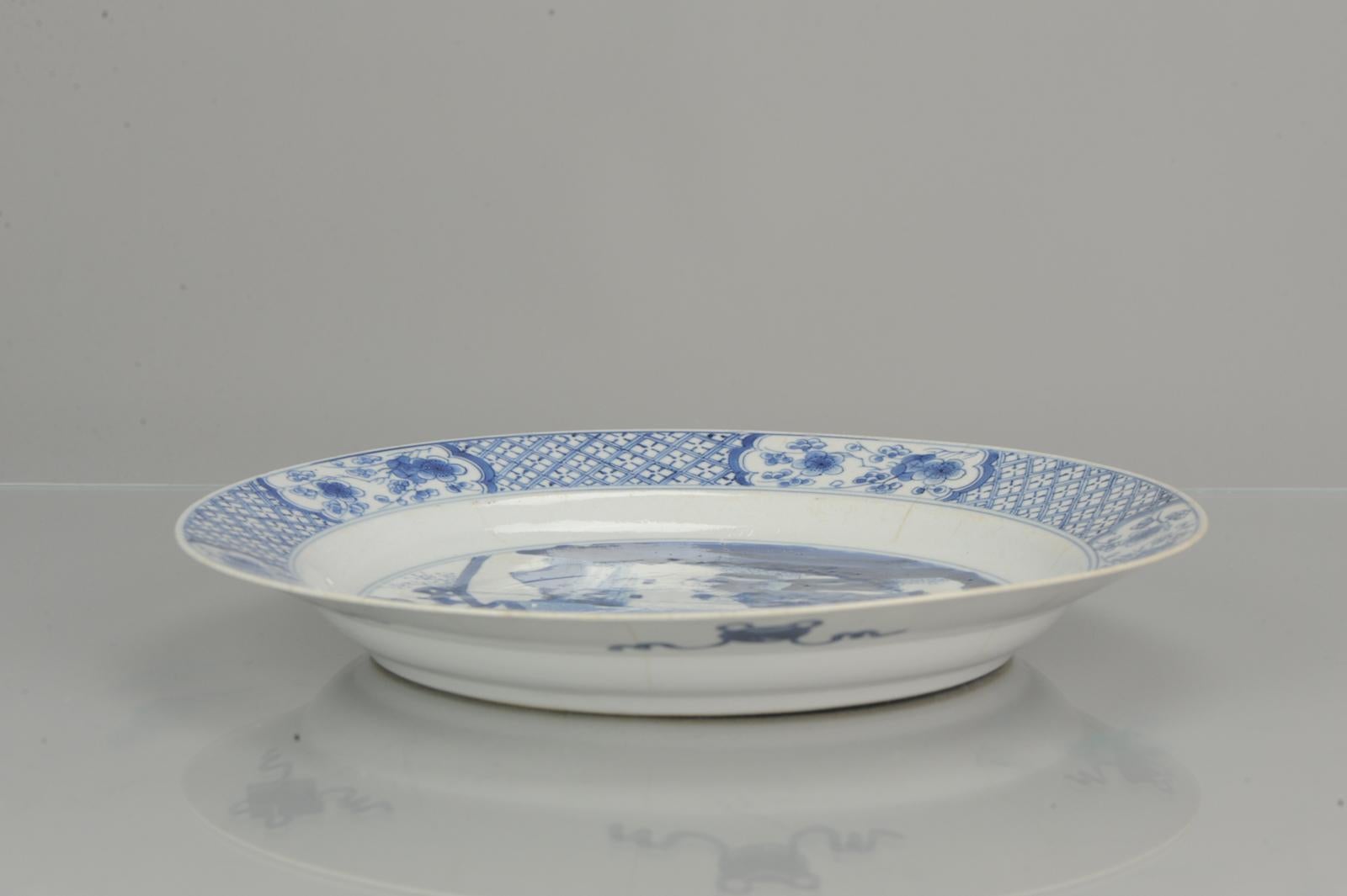 Antique Kangxi Chinese Porcelain Literati Blue and White Figural Plate Marked 4