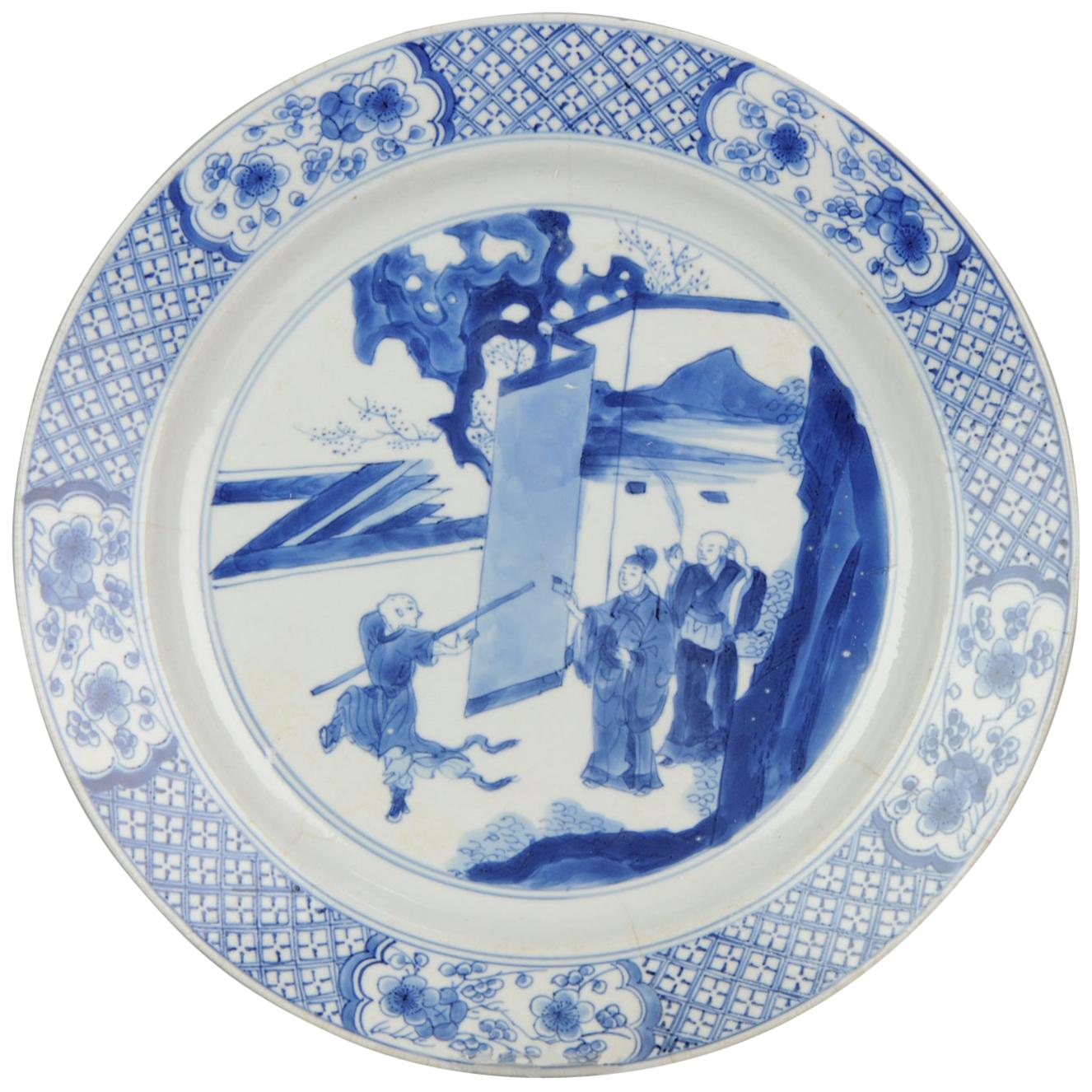 Antique Kangxi Chinese Porcelain Literati Blue and White Figural Plate Marked
