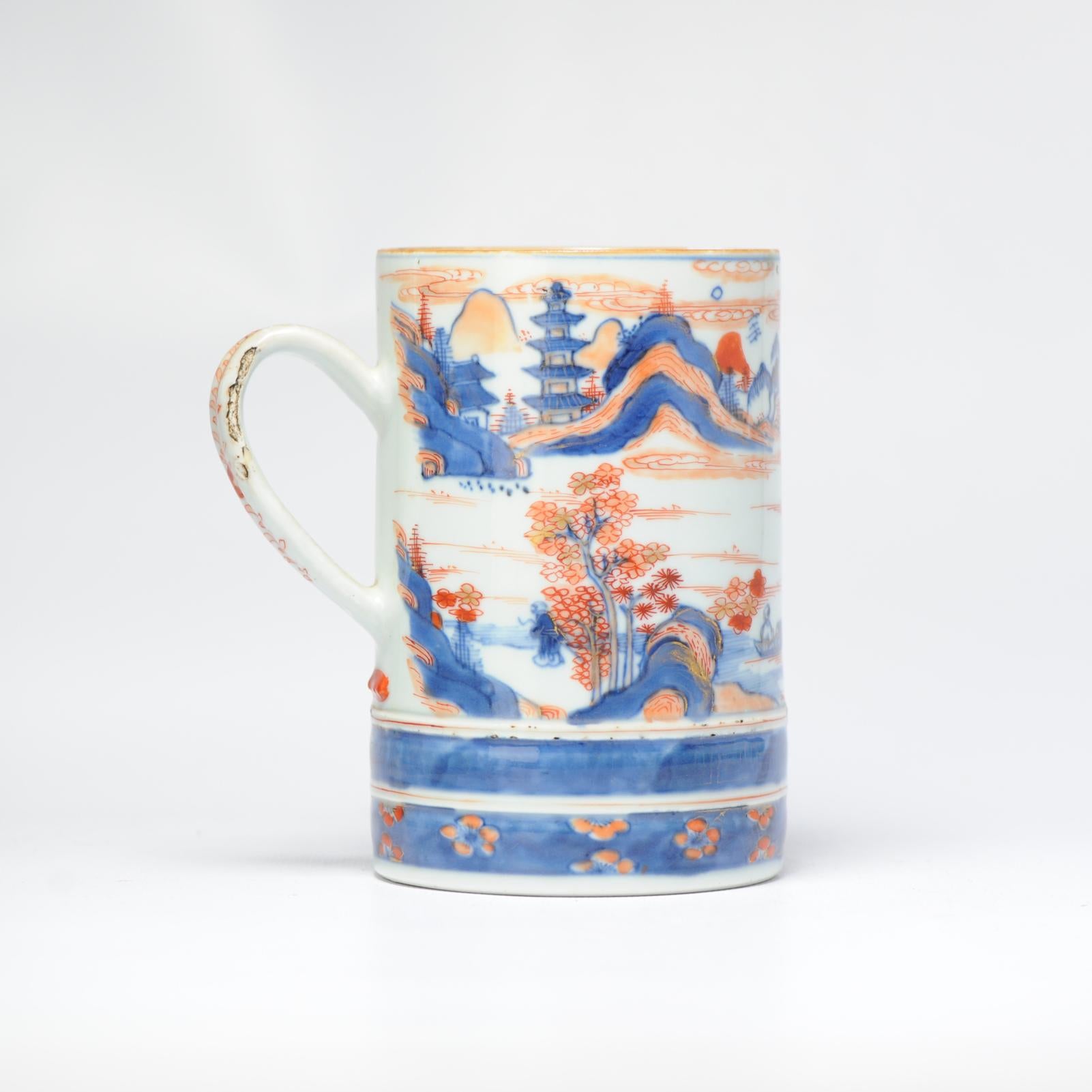 Antique Kangxi Large Cobalt Blue and Imari Tankard Chinese Porcelain Landscape In Fair Condition In Amsterdam, Noord Holland