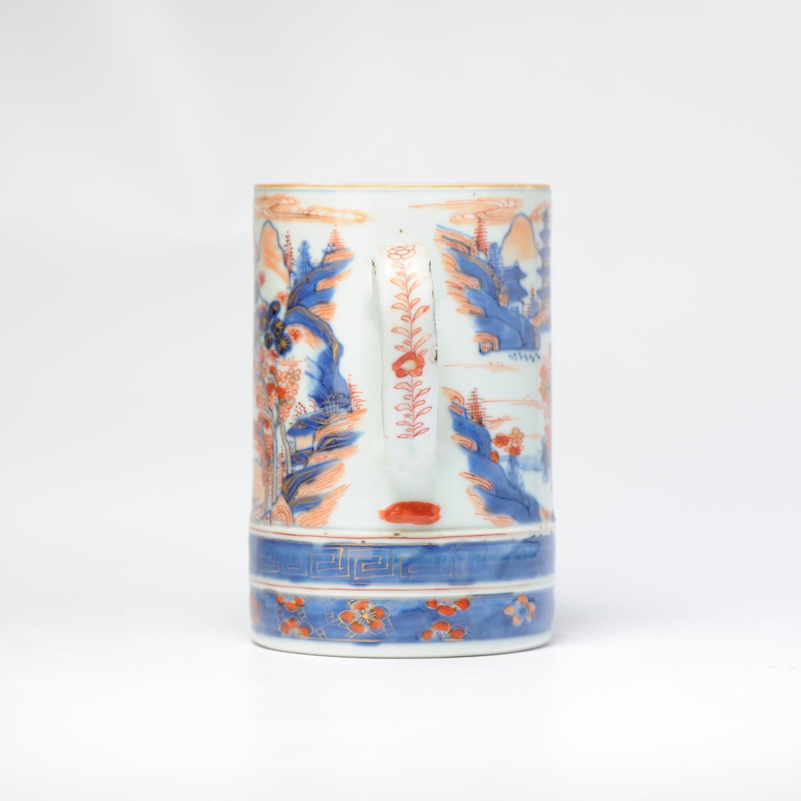 18th Century and Earlier Antique Kangxi Large Cobalt Blue and Imari Tankard Chinese Porcelain Landscape