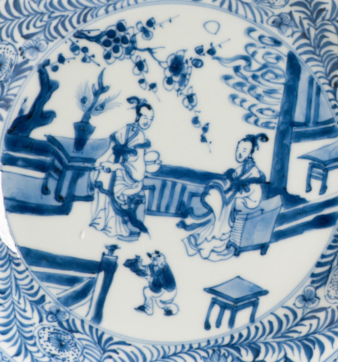 Antique Kangxi Period Chinese Porcelain Blue & White Dish Pagode Figural 1