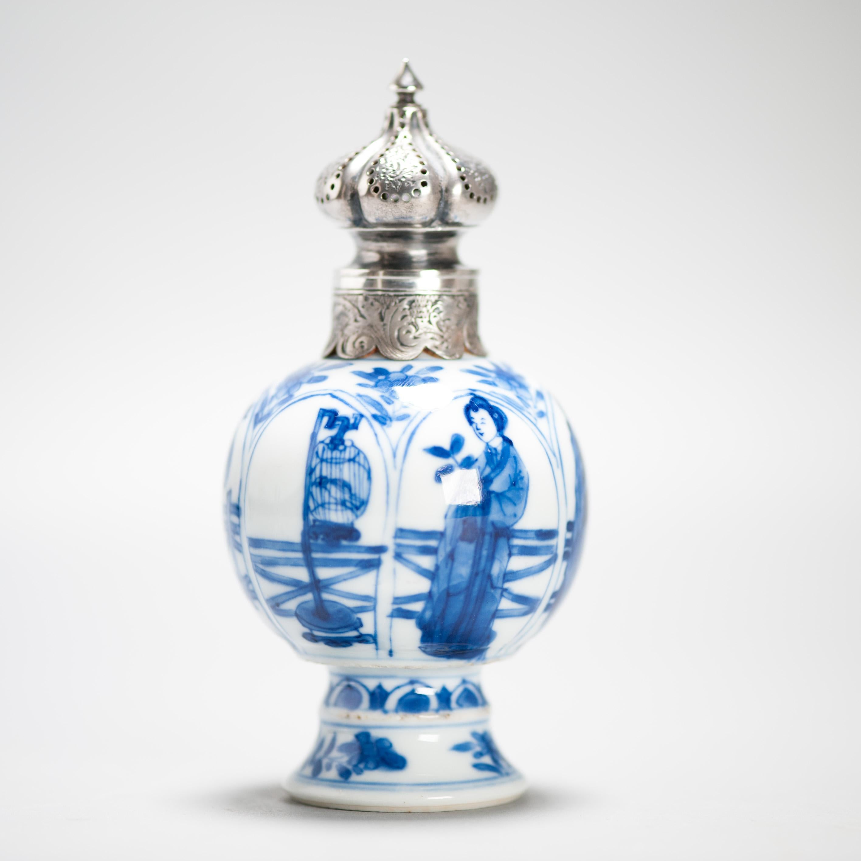 Antique Kangxi Period Chinese porcelain Tea Caddy Silver Mount Elegant Ladies 4