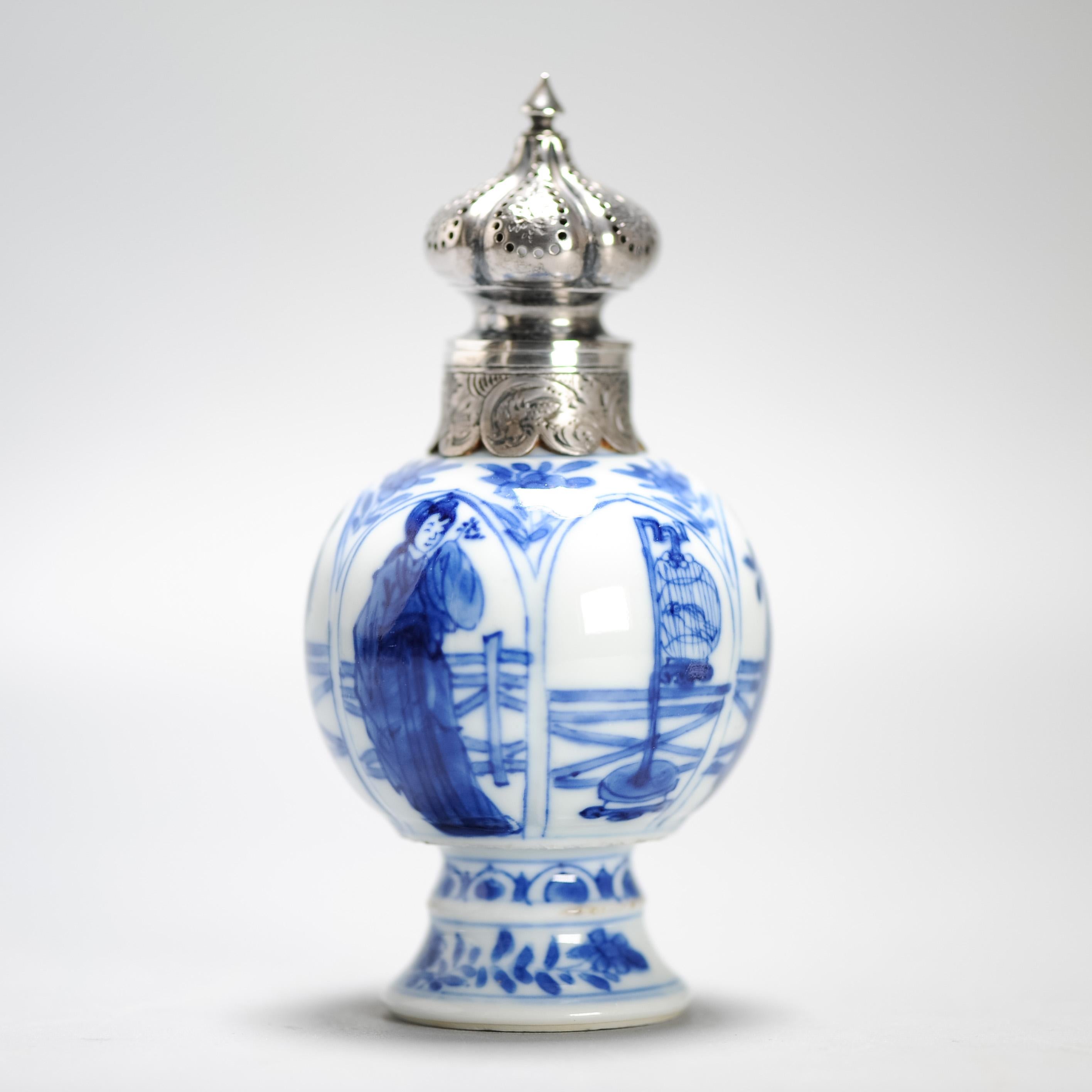 Antique Kangxi Period Chinese porcelain Tea Caddy Silver Mount Elegant Ladies 5