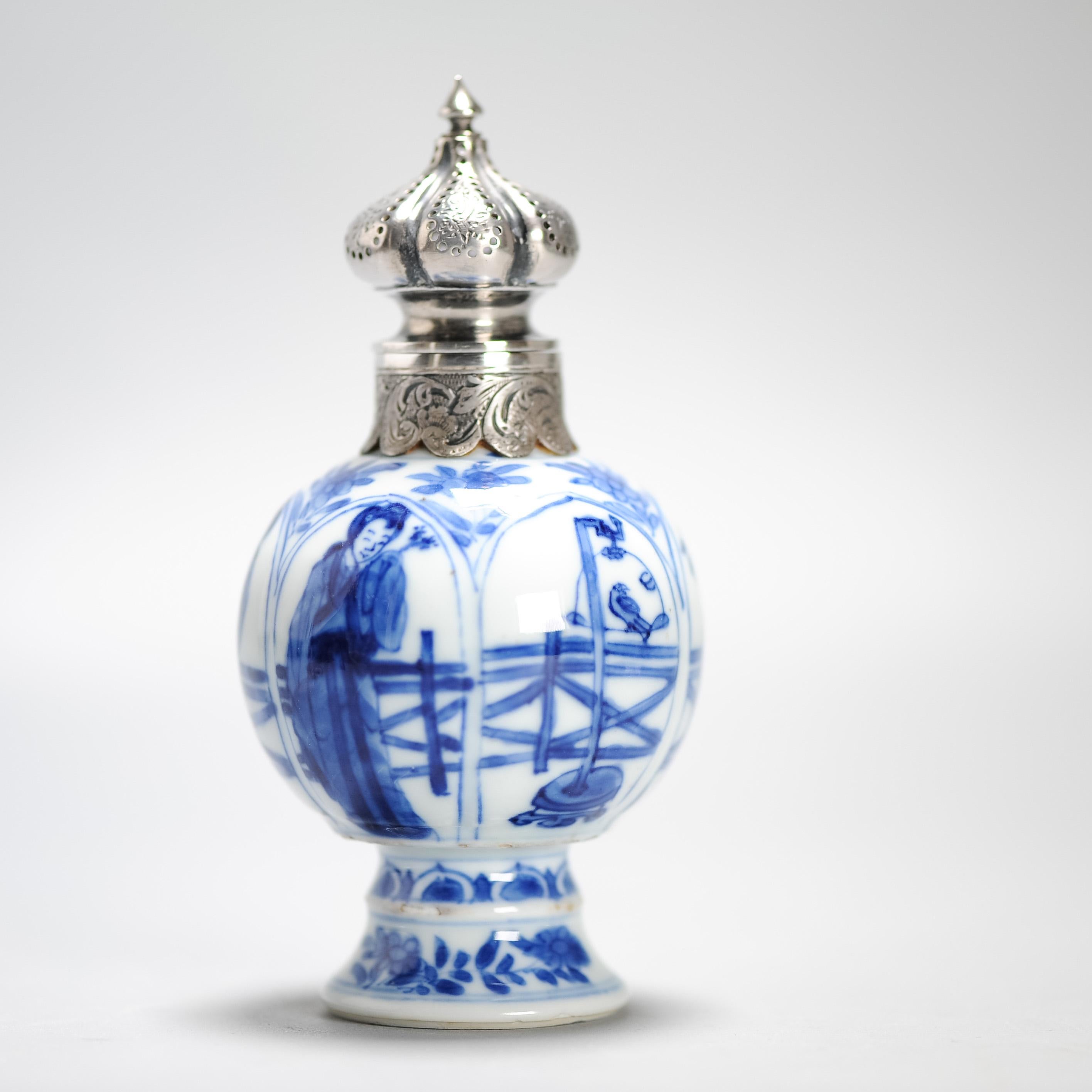 Antique Kangxi Period Chinese porcelain Tea Caddy Silver Mount Elegant Ladies 6