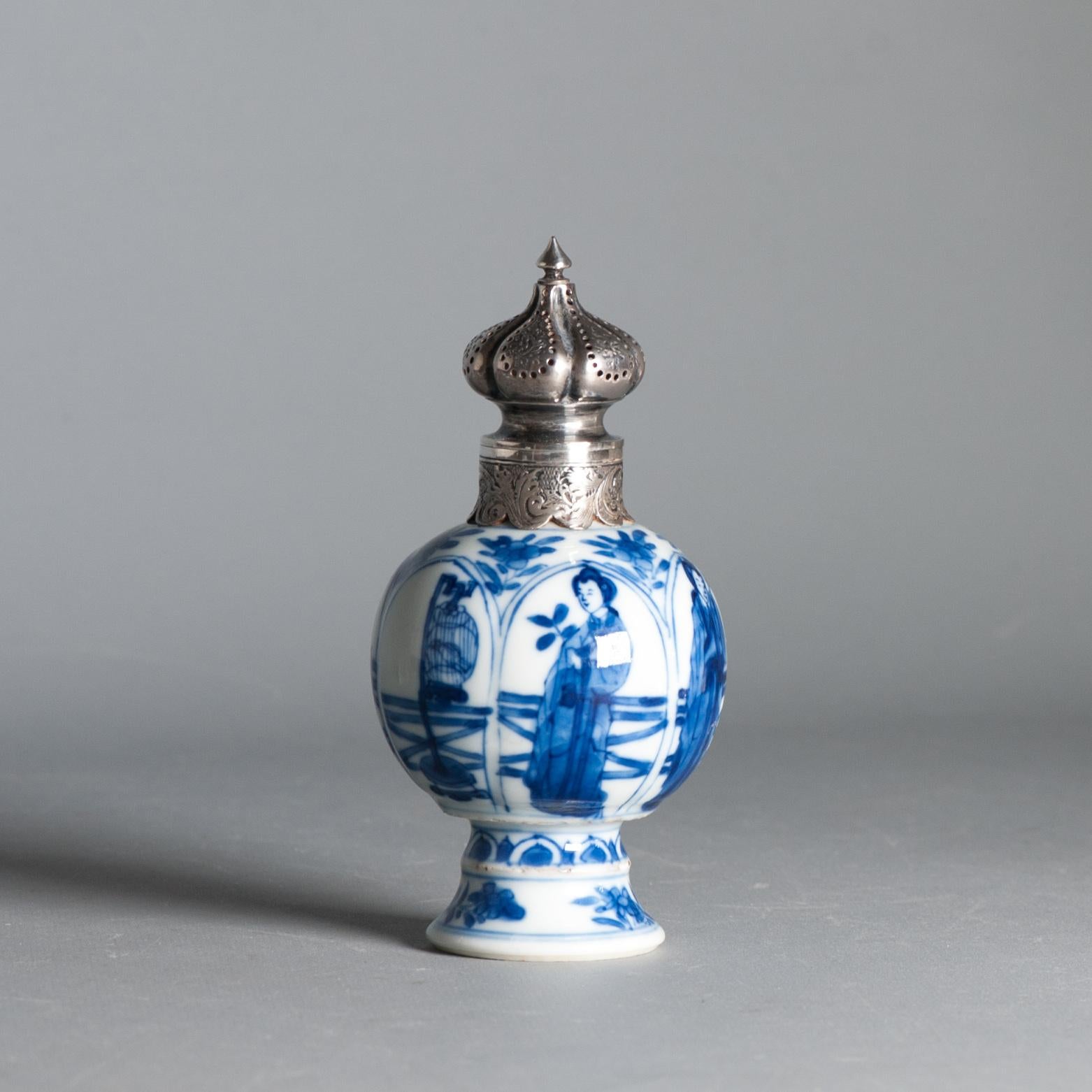 Antique Kangxi Period Chinese porcelain Tea Caddy Silver Mount Elegant Ladies 11