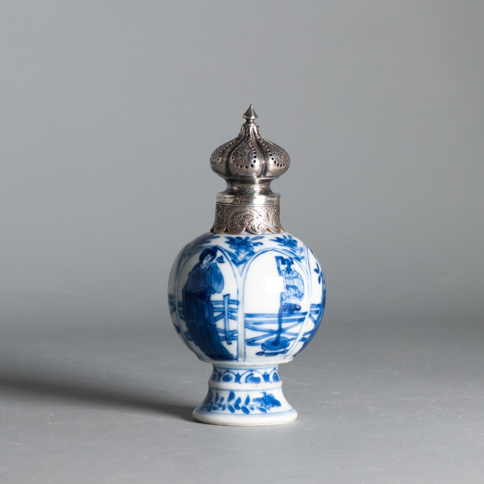 Antique Kangxi Period Chinese porcelain Tea Caddy Silver Mount Elegant Ladies 12