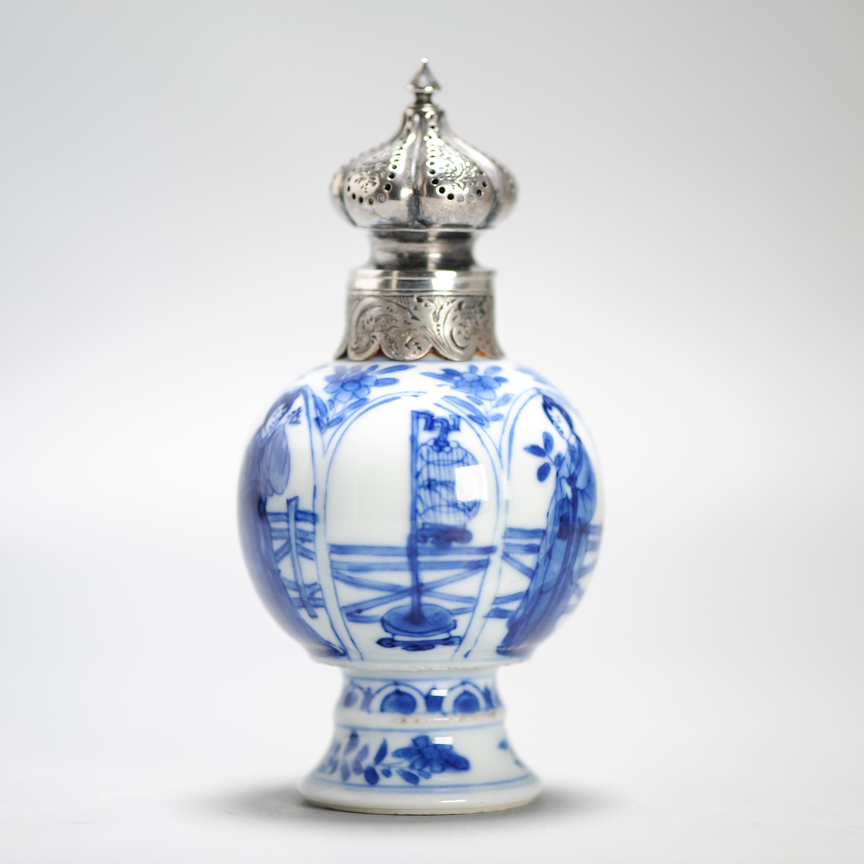 Antique Kangxi Period Chinese porcelain Tea Caddy Silver Mount Elegant Ladies 13
