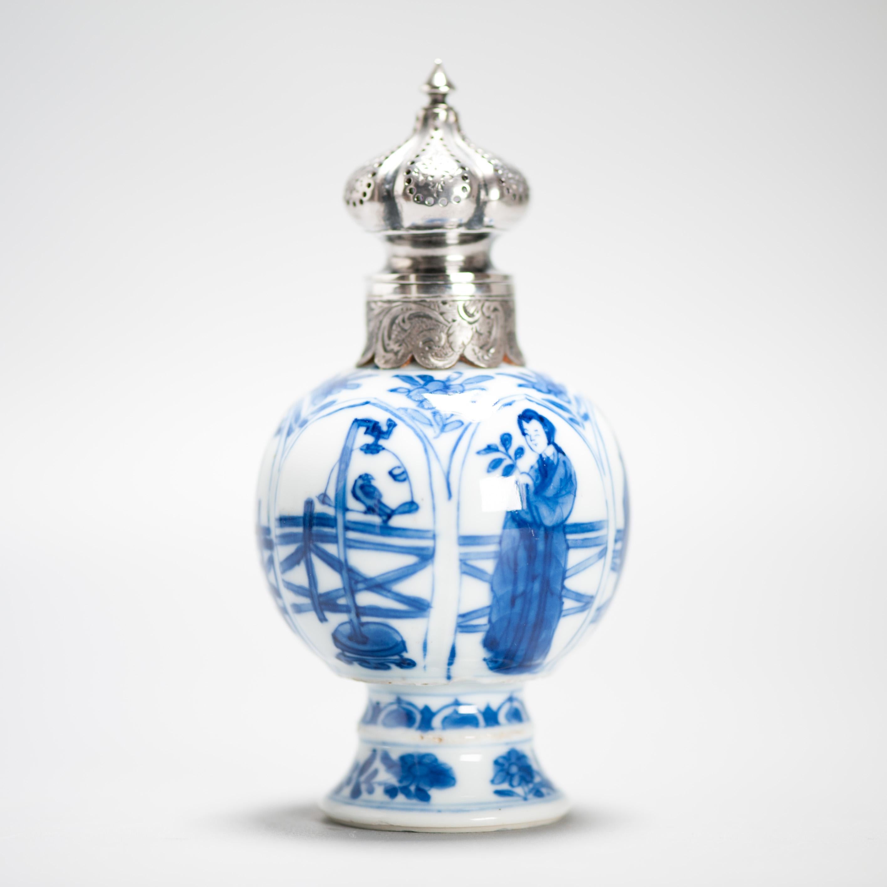 Antique Kangxi Period Chinese porcelain Tea Caddy Silver Mount Elegant Ladies 14